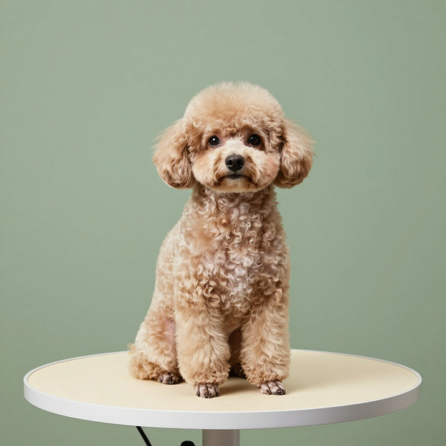 A freshly groomed apricot poodle sitting on a studio pedestal